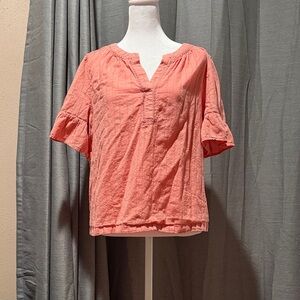 LOFT Coral Textured Split-Neck Blouse with Flutter Sleeves